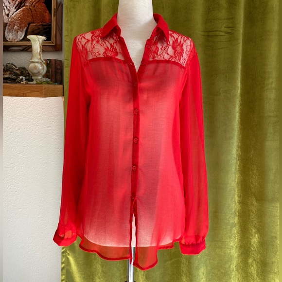 Vintage Red Blouse ❤️ Sheer, Long-Sleeve, Button Up - Picture 1 of 9